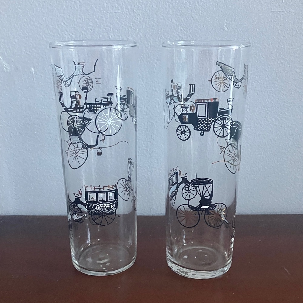 2 mid century vintage Libbey Curio hi ball cocktail glasses carriage print EUC